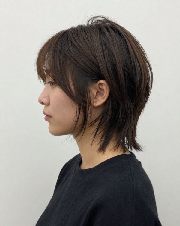 Dark Brown Layered Mullet With Side Swept Bangs Dark Brown Layered Mullet With Side Swept Bangs — Classy Mullet Hair