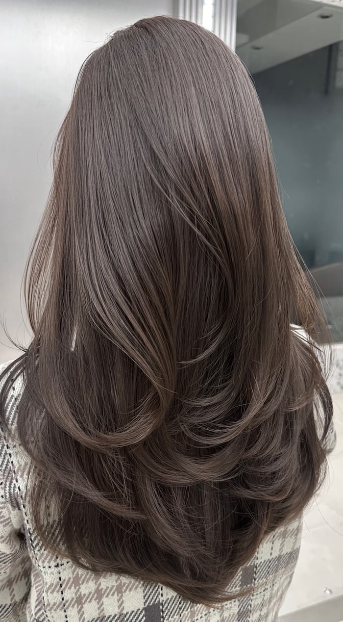 Mushroom Brown Hair with Soft Layers – Chic Cool-Toned Brunette Inspiration