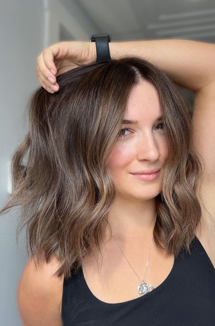Collarbone Textured Lob With Balayage — Classy Mushroom Brown Hair