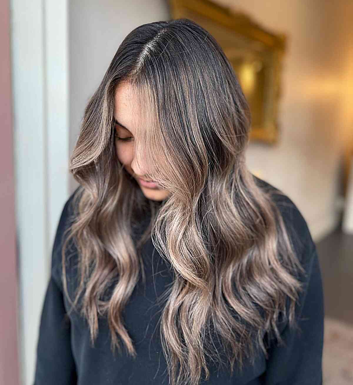 Mid-Back With Curtain Bangs And Balayage — Classy Mushroom Brown Hair