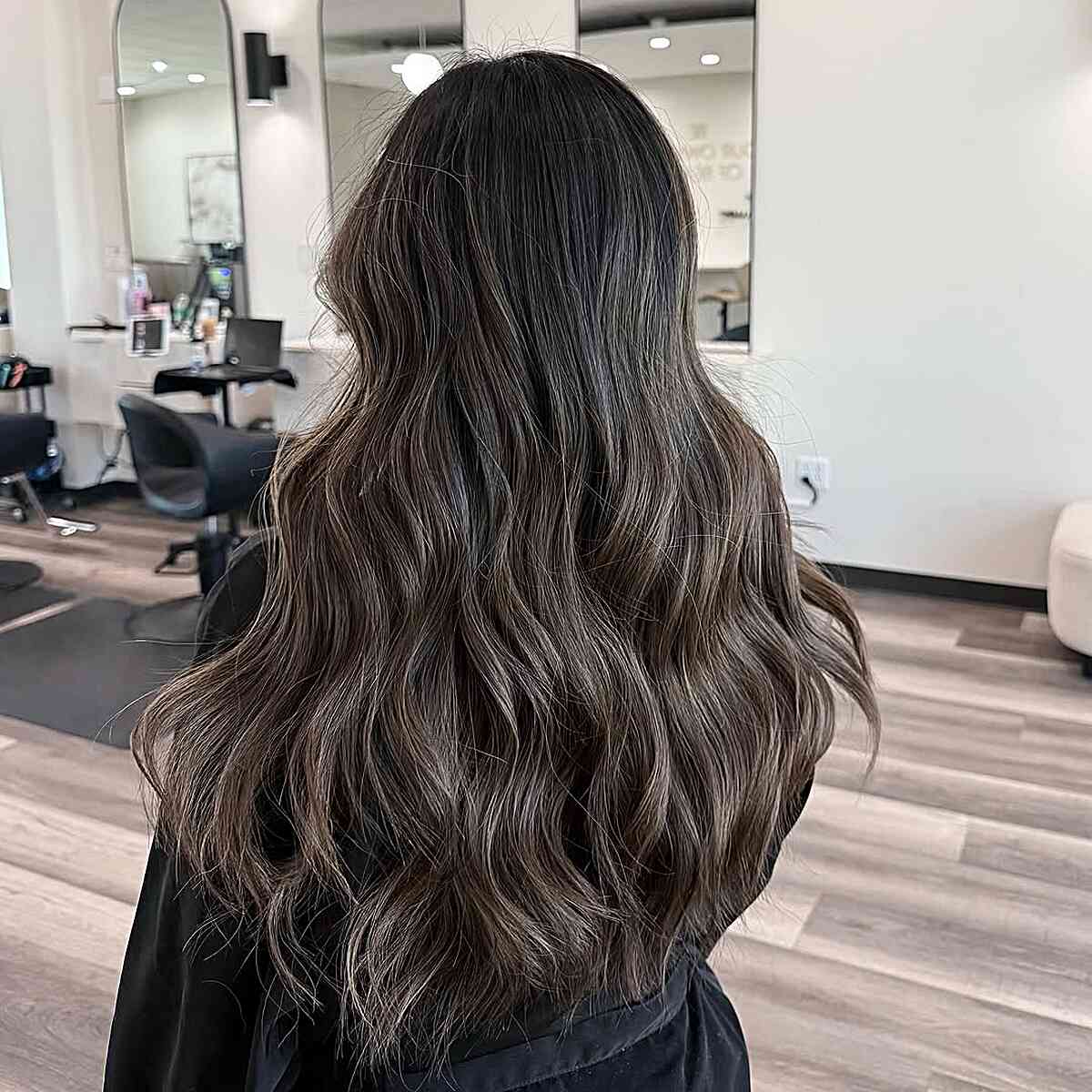 Mid-Back Wavy With Mushroom Brown Balayage and Lived-In Effect — Classy Mushroom Brown Hair