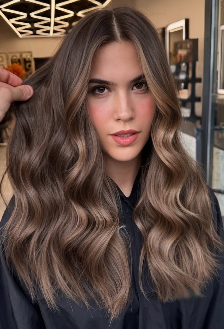 Mid-Back Wavy Hair With Mushroom Brown Balayage — Classy Mushroom Brown Hair