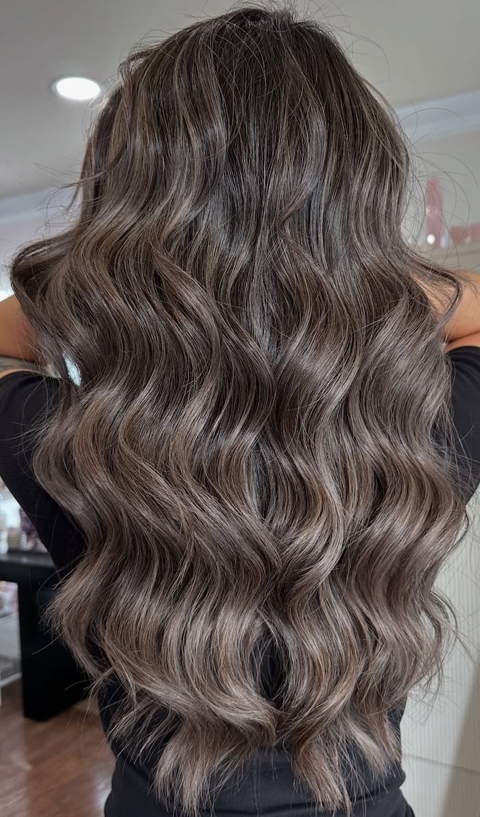 Mid-Back Wavy Hair With Cool Undertones — Classy Mushroom Brown Hair