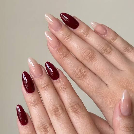 Sheer Nude Deep Red Contrast Stiletto Nails Sheer Nude Deep Red Contrast Stiletto Nails — Classy Nail Colors