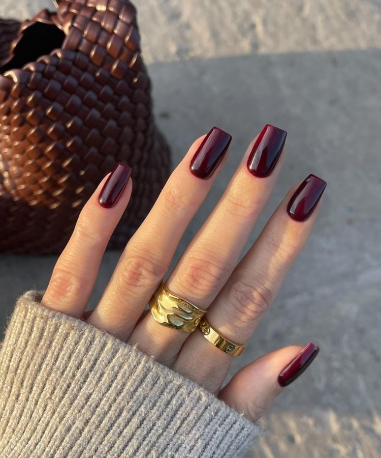 Deep Burgundy High-Gloss Long Coffin Nails Deep Burgundy High-Gloss Long Coffin Nails — Classy Nail Colors
