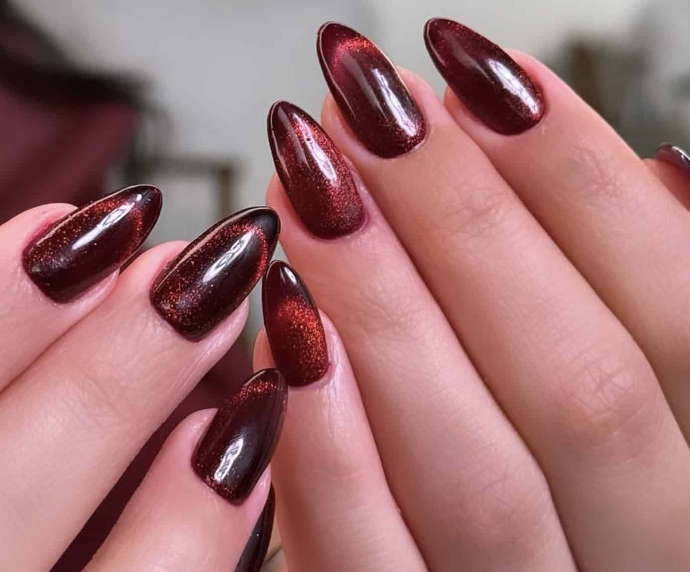 Deep Burgundy Cat-Eye Almond Nails Deep Burgundy Cat-Eye Almond Nails — Classy Nail Colors