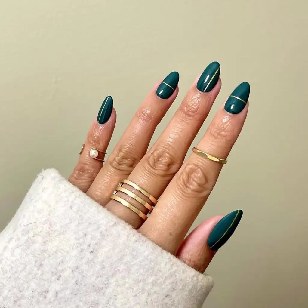 Deep Green Gold Line Glossy Medium Almond Nails — Classy Nail Extensions