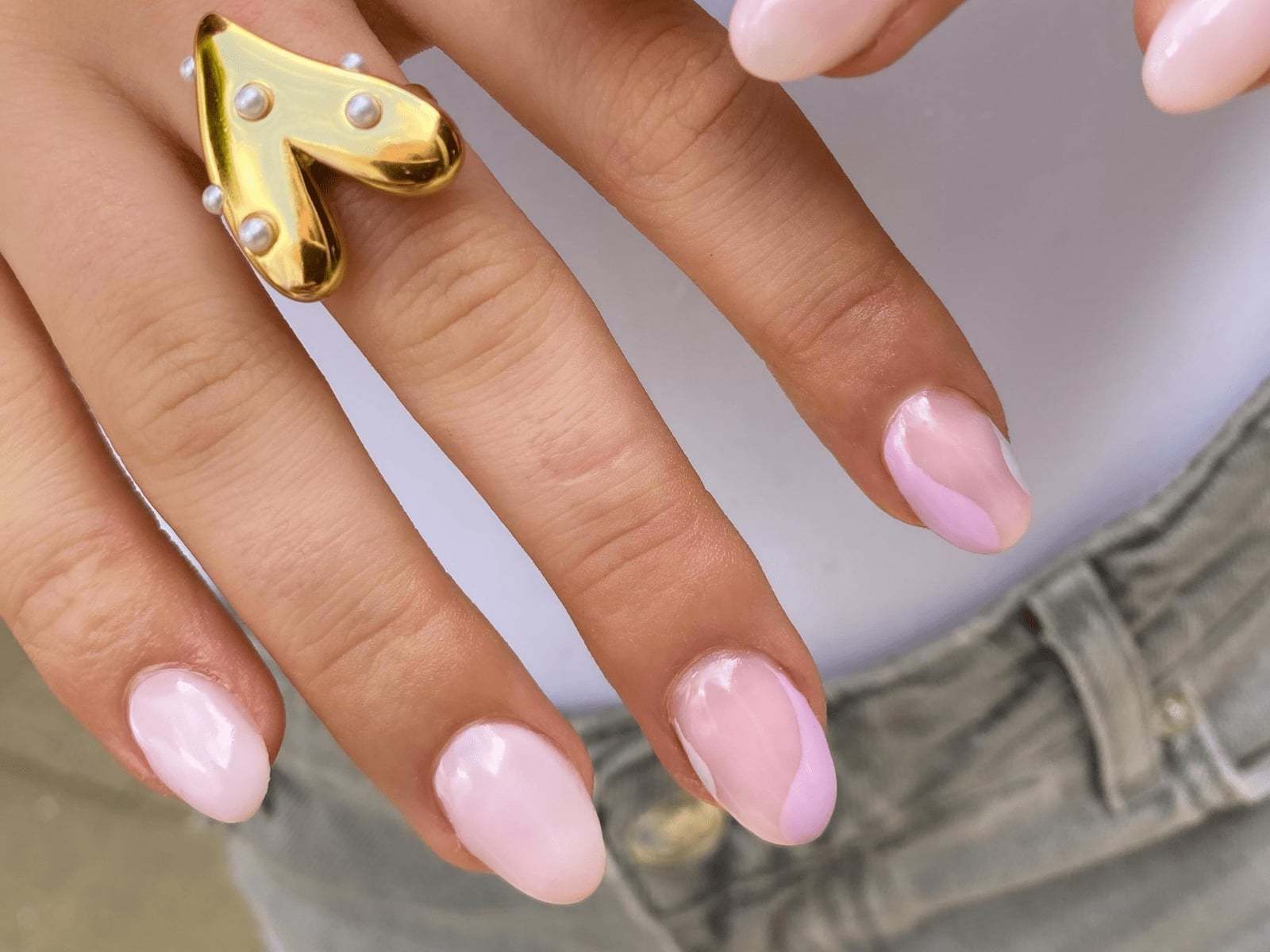 Pale Pink Abstract Color Block Medium Oval Nails — Classy Nail Extensions