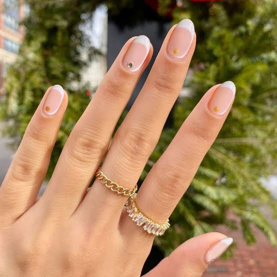 Sheer Nude White French Gold Dot Medium Oval Nails — Classy Nail Extensions