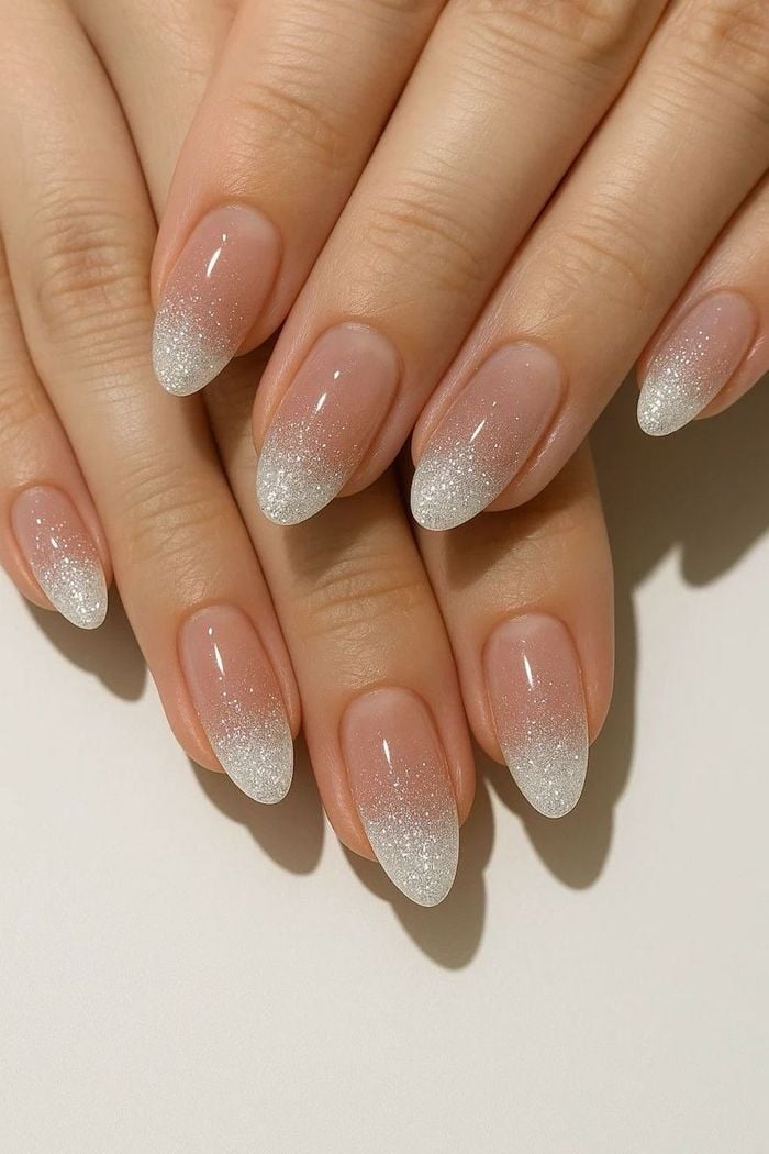 Sheer Pink Silver Glitter Gradient Medium Almond Nails — Classy Nail Extensions