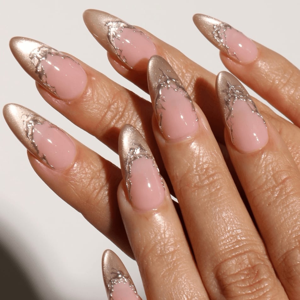 Sheer Pink Metallic Gold Silver Foil French Almond Nails — Classy Nail Extensions