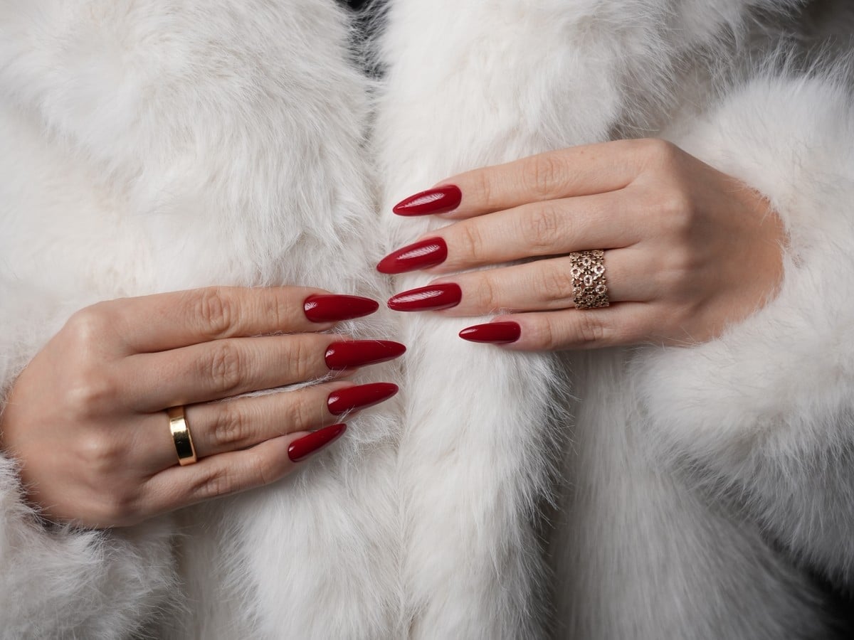 Opaque Deep Red Glossy Medium Almond Nails — Classy Nail Extensions