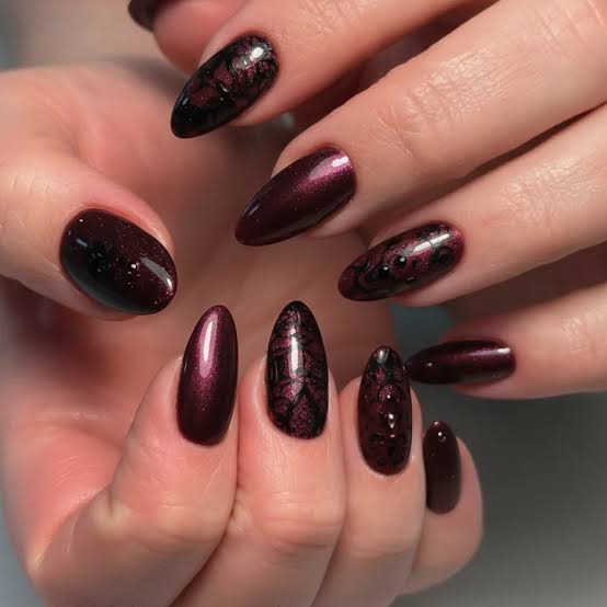 Medium Almond Burgundy Abstract Nails — Classy Nail Shapes