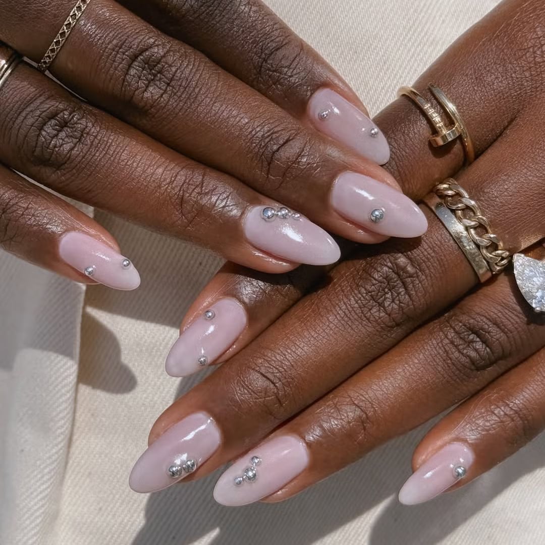 Medium Almond Pale Pink Bead Accent Nails — Classy Nail Shapes