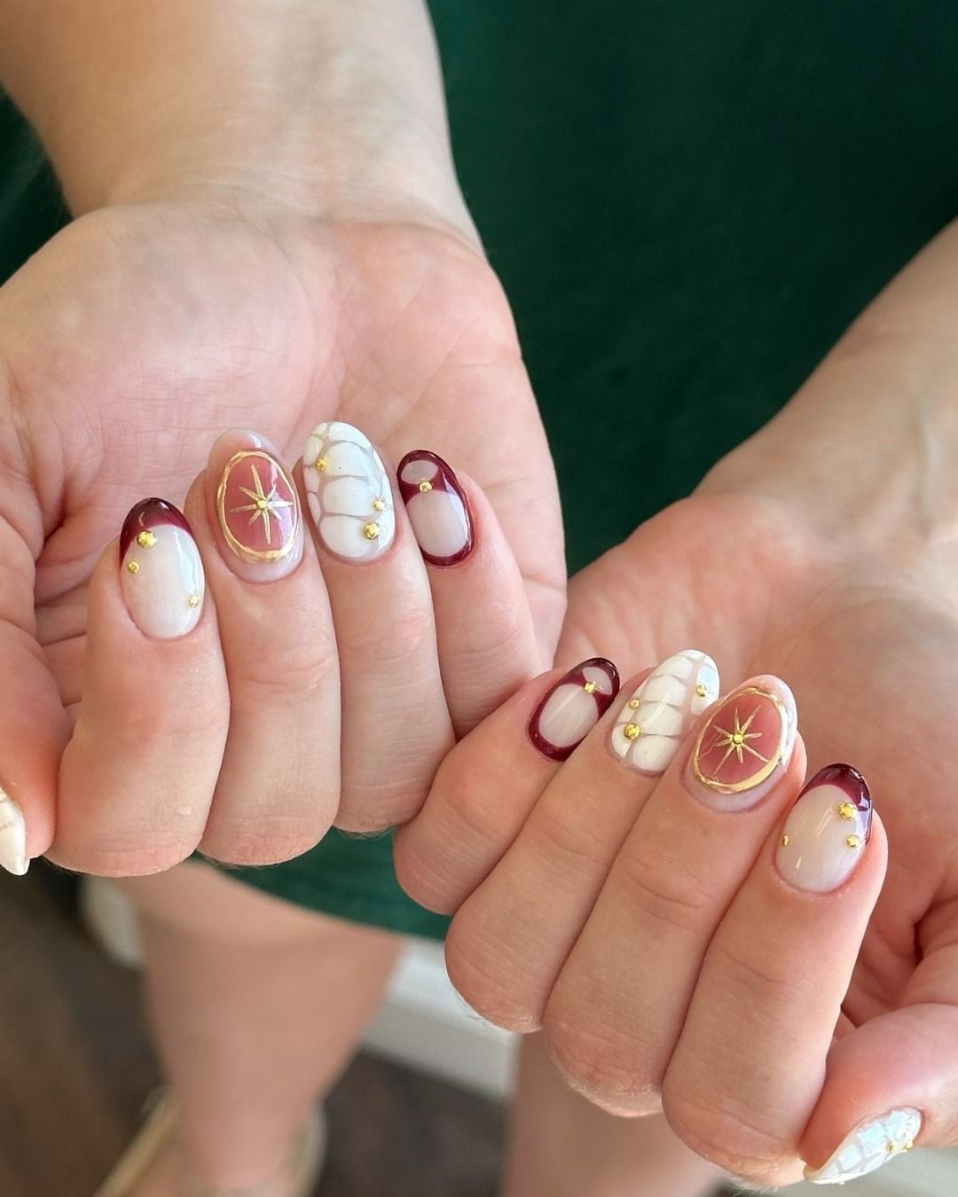 Medium Almond Burgundy Gold Accent Nails — Classy Nail Shapes