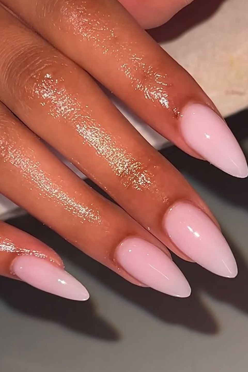 Medium Almond Milky Pink Glossy Nails — Classy Nail Shapes