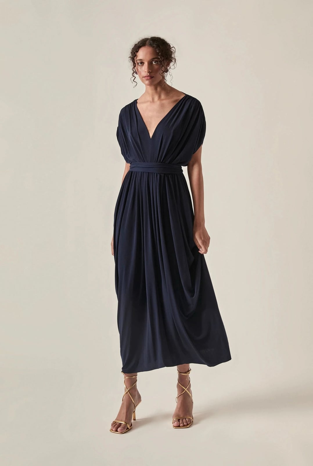 Navy Draped Jersey Midi Dress With Gold Belt Navy Draped Jersey Midi Dress With Gold Belt — Classy Navy Outfits