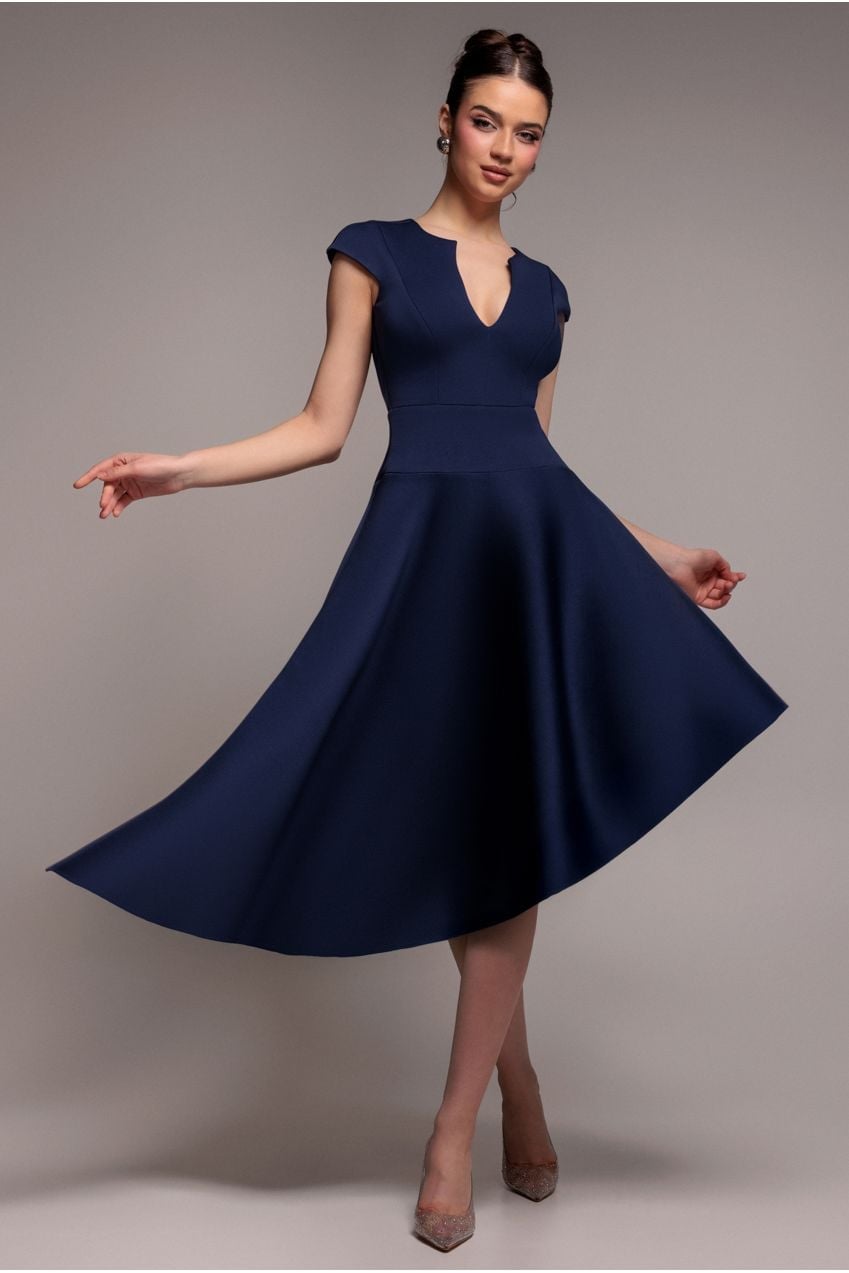Navy Cap Sleeve Skater Midi Dress Navy Cap Sleeve Skater Midi Dress — Classy Navy Outfits