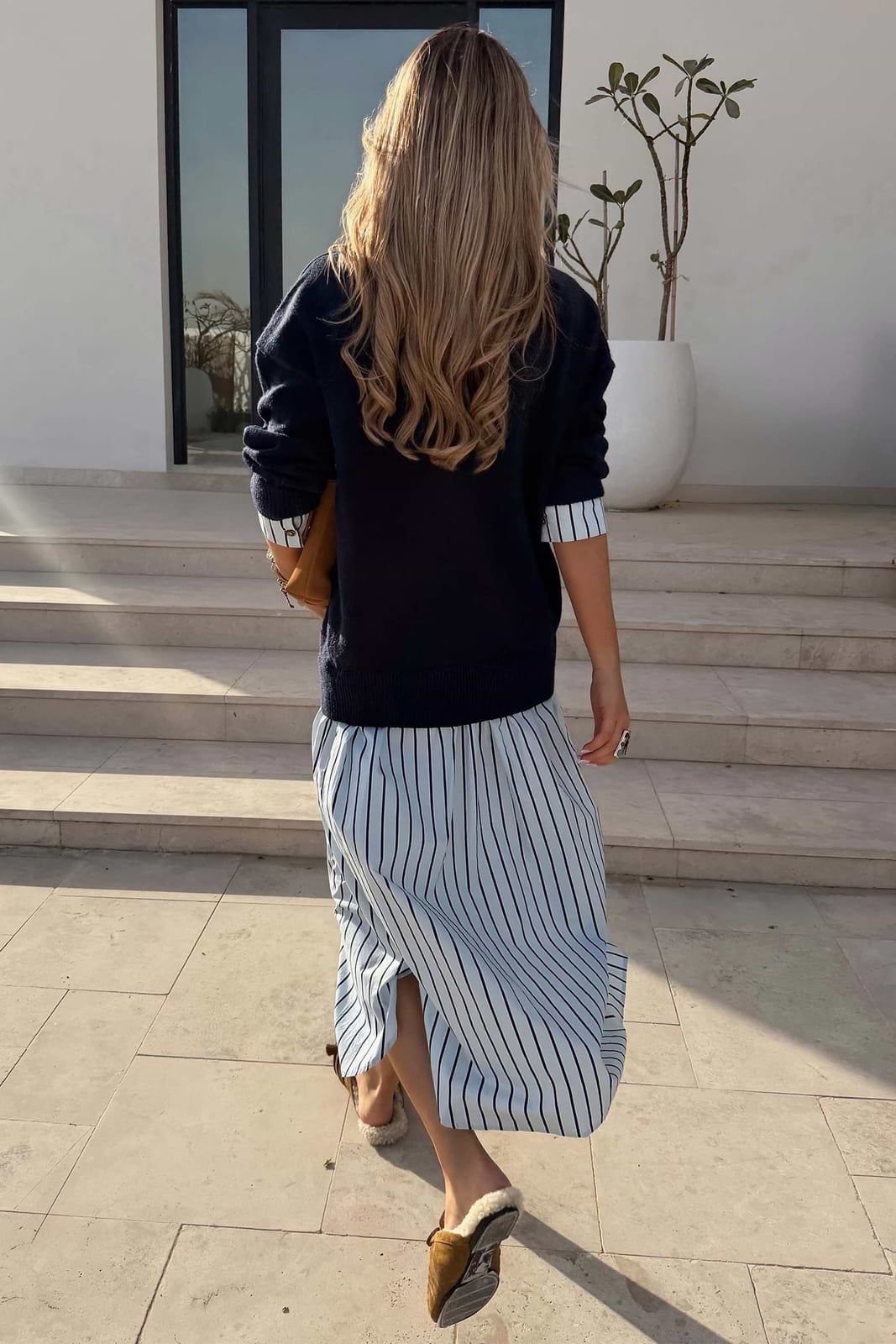 Navy Jumper Over Striped Midi Dress Navy Jumper Over Striped Midi Dress — Classy Navy Outfits