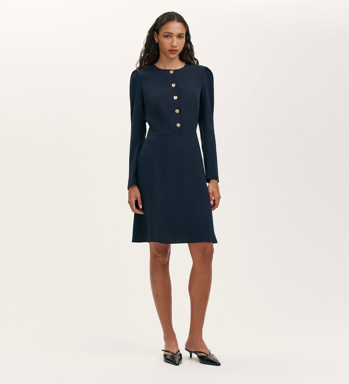 Navy Crepe Dress With Gold Button Detail, Close-Up Take Navy Crepe Dress With Gold Button Detail, Close-Up Take — Classy Navy Outfits