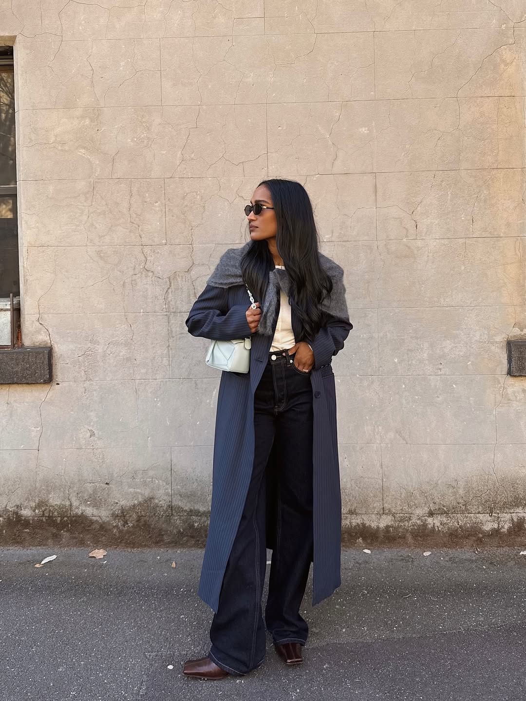 Long Navy Pinstripe Coat Over Wide Leg Jeans Long Navy Pinstripe Coat Over Wide Leg Jeans — Classy Navy Outfits