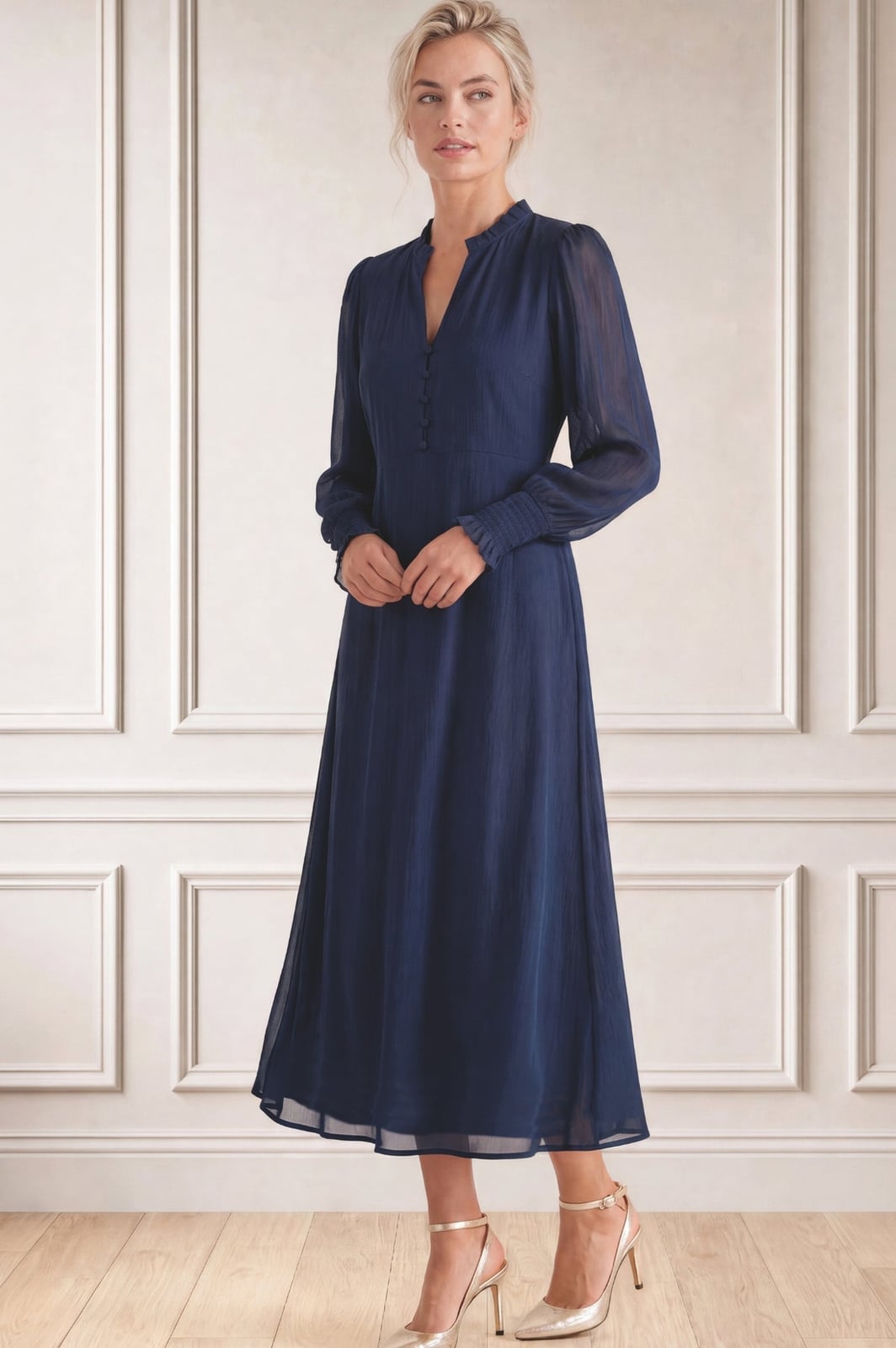 Navy Chiffon Midi Dress With Button Detail Navy Chiffon Midi Dress With Button Detail — Classy Navy Outfits