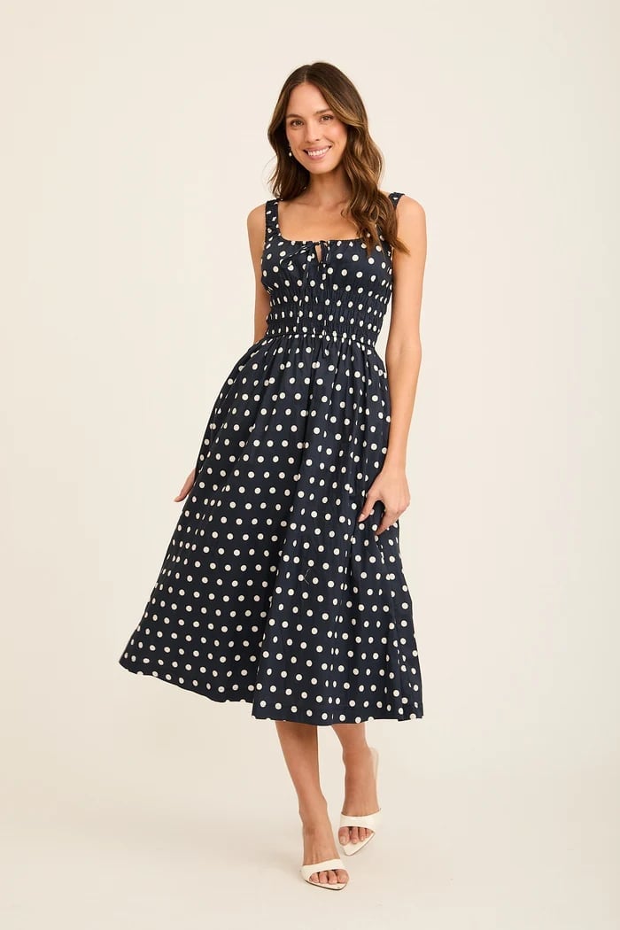 Navy Polka Dot Midi Dress With Smocked Bodice Navy Polka Dot Midi Dress With Smocked Bodice — Classy Navy Outfits