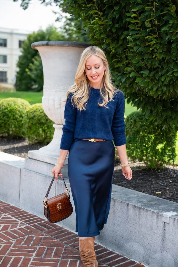 Navy Sweater And Silk Midi Skirt Navy Sweater And Silk Midi Skirt — Classy Navy Outfits