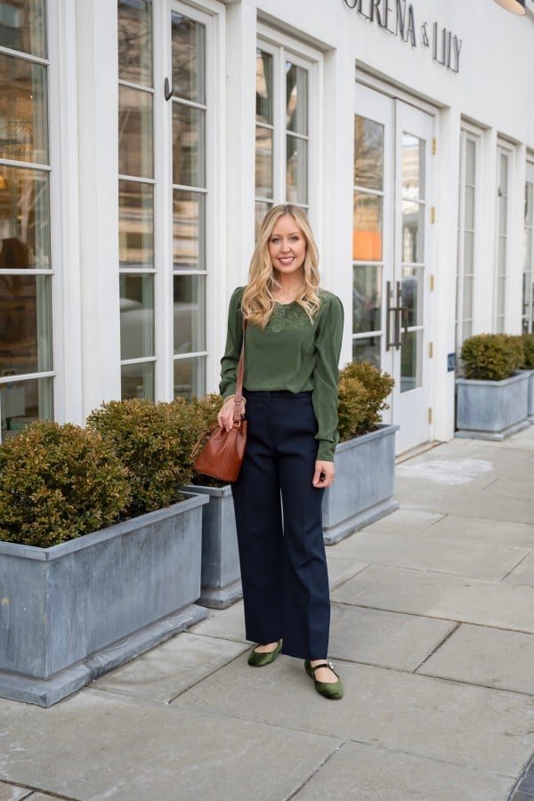 Navy Wide Leg Trousers With Embellished Olive Green Blouse — Classy Navy Pants Outfits