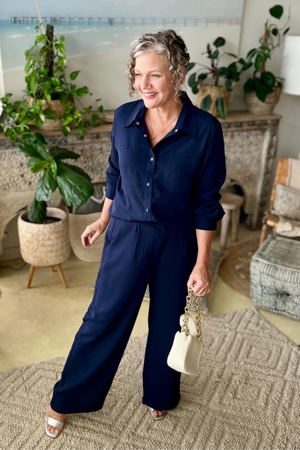 Navy Wide Leg Trousers With Matching Button Down Shirt, Close-Up Take — Classy Navy Pants Outfits