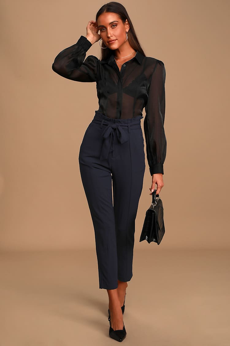 Navy Paperbag Waist Trousers With Sheer Black Blouse — Classy Navy Pants Outfits