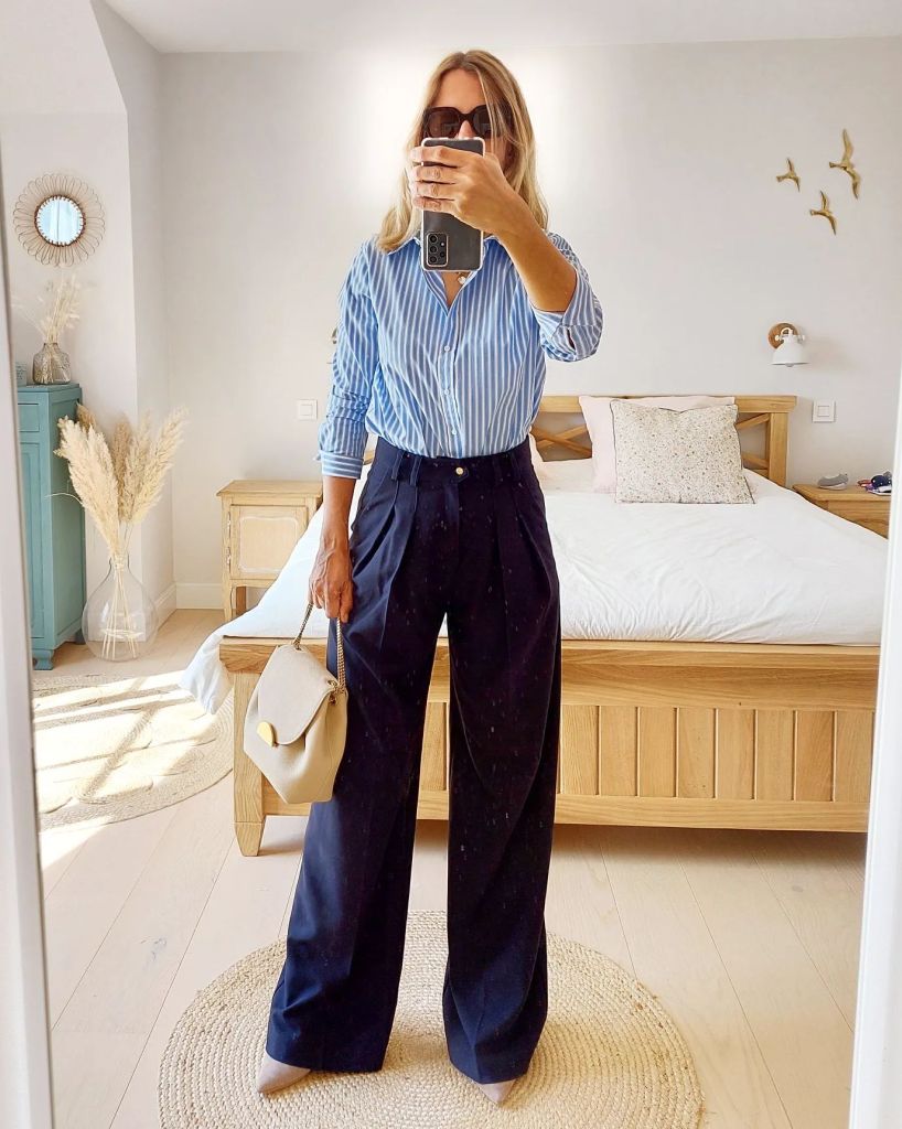 High Waisted Navy Pleated Trousers With Striped Button Down Shirt — Classy Navy Pants Outfits