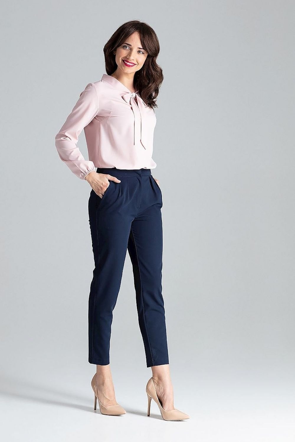 Navy Tailored Cigarette Pants With Soft Pink Bow Neck, Close-Up Take — Classy Navy Pants Outfits