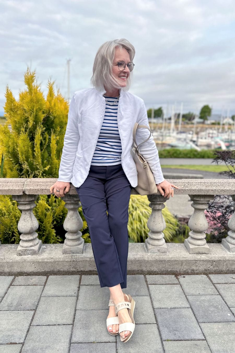 Cropped Navy Trousers With Striped T Shirt And White, Close-Up Take — Classy Navy Pants Outfits