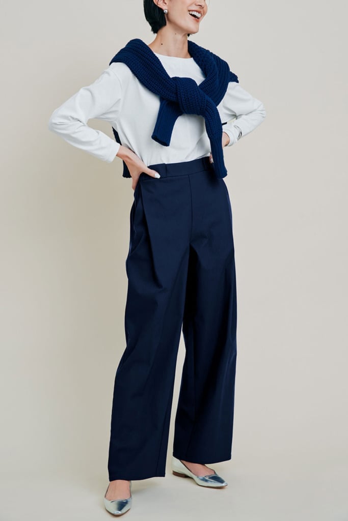 Navy Wide Leg Trousers With White Shirt And Sweater, Low-Key Version — Classy Navy Pants Outfits