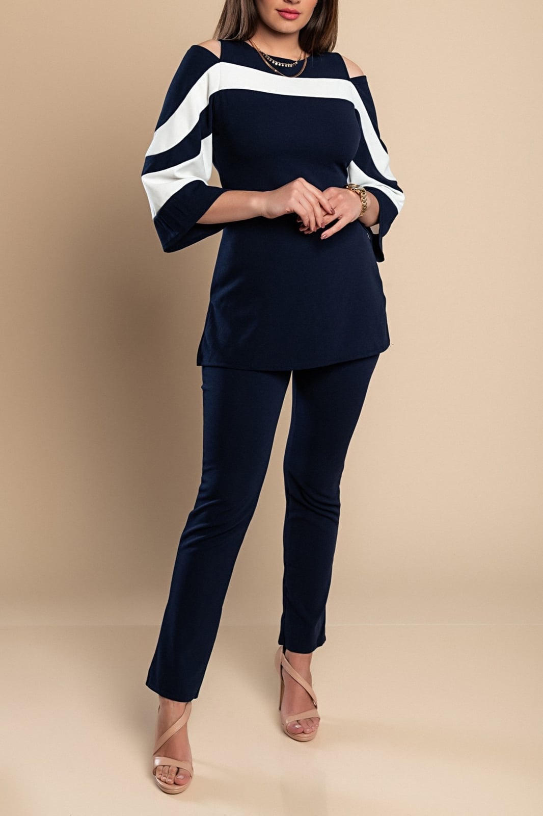 Navy Straight Leg Trousers With Striped Top And Strappy Heels — Classy Navy Pants Outfits