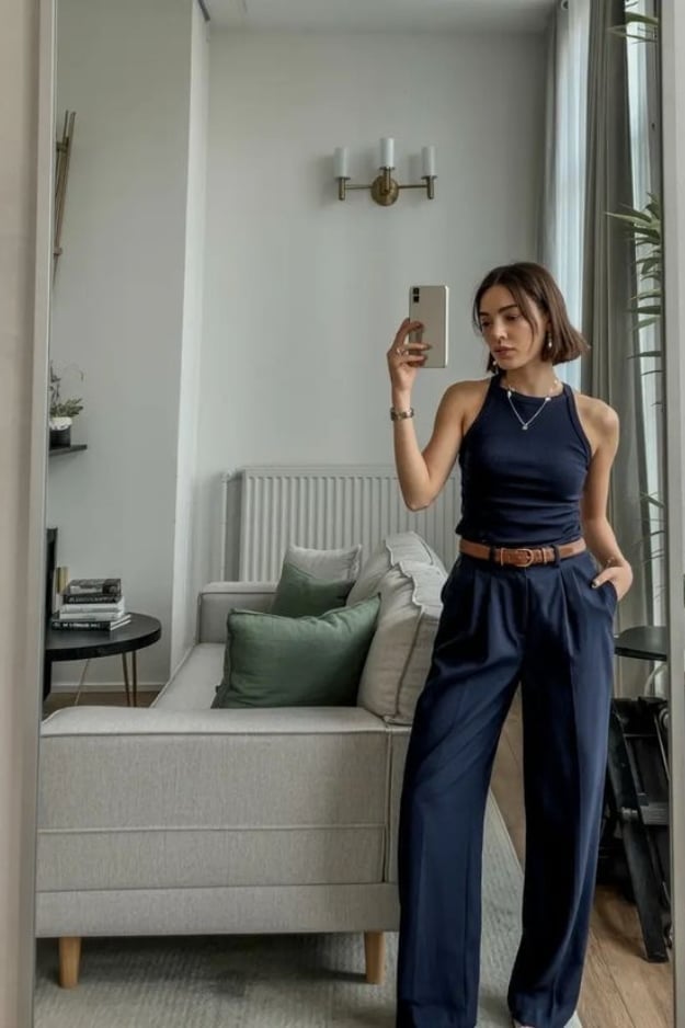 High Waisted Wide Leg Navy Trousers With Halter Top And Belt — Classy Navy Pants Outfits