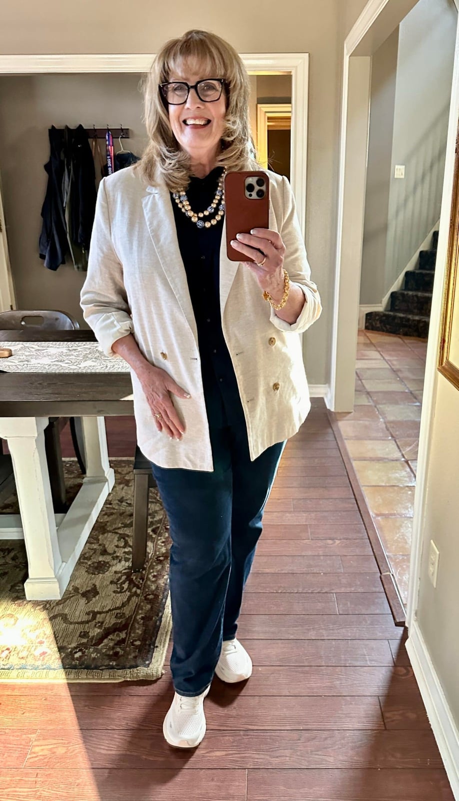Navy Trousers With Collared Shirt, Beige Blazer And White Sneakers — Classy Navy Pants Outfits