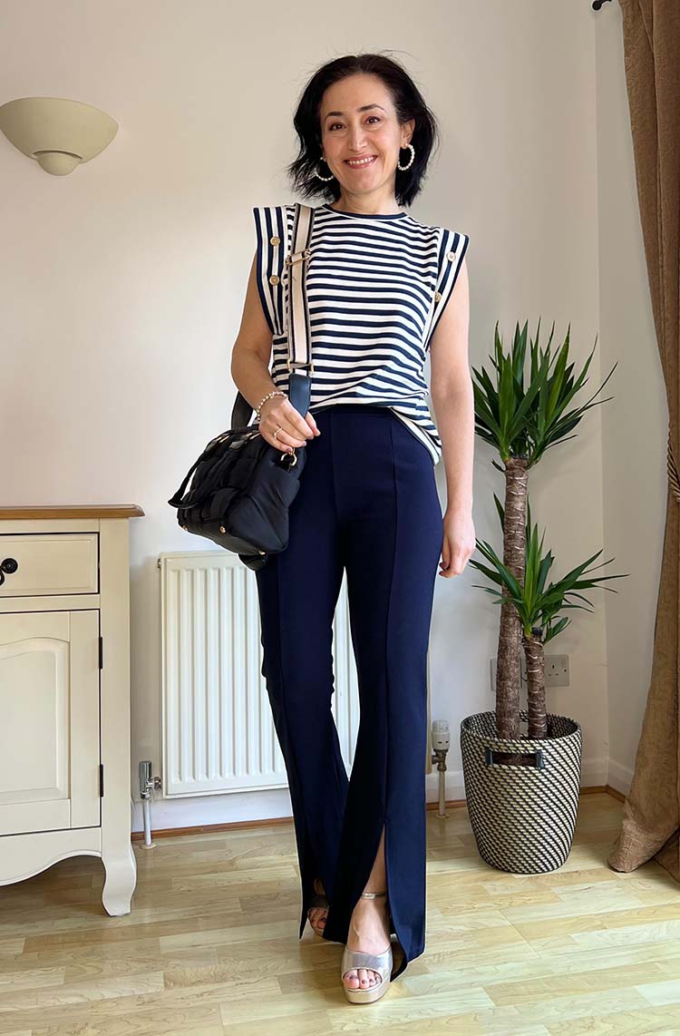 Navy Split Hem Trousers With Striped Sleeveless Top And Platform — Classy Navy Pants Outfits