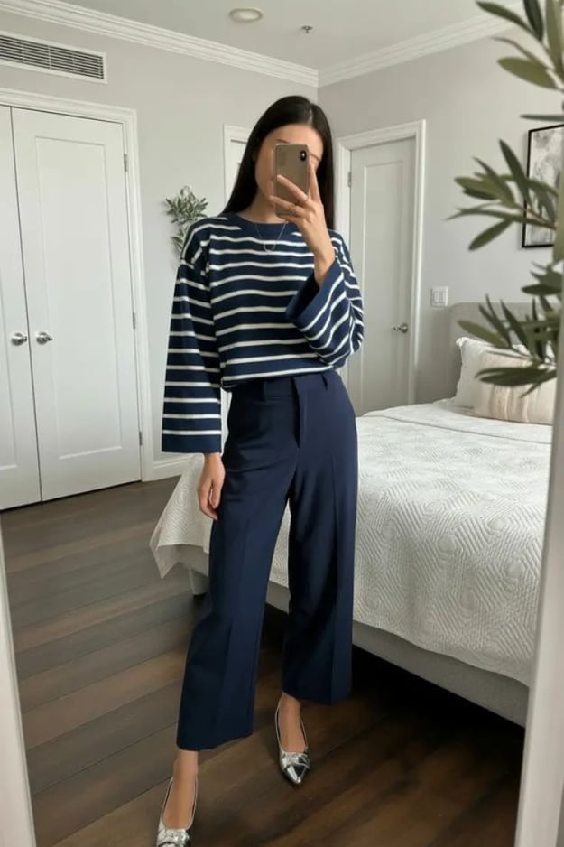 Navy Wide Leg Cropped Pants With Striped Bell Sleeve Top — Classy Navy Pants Outfits