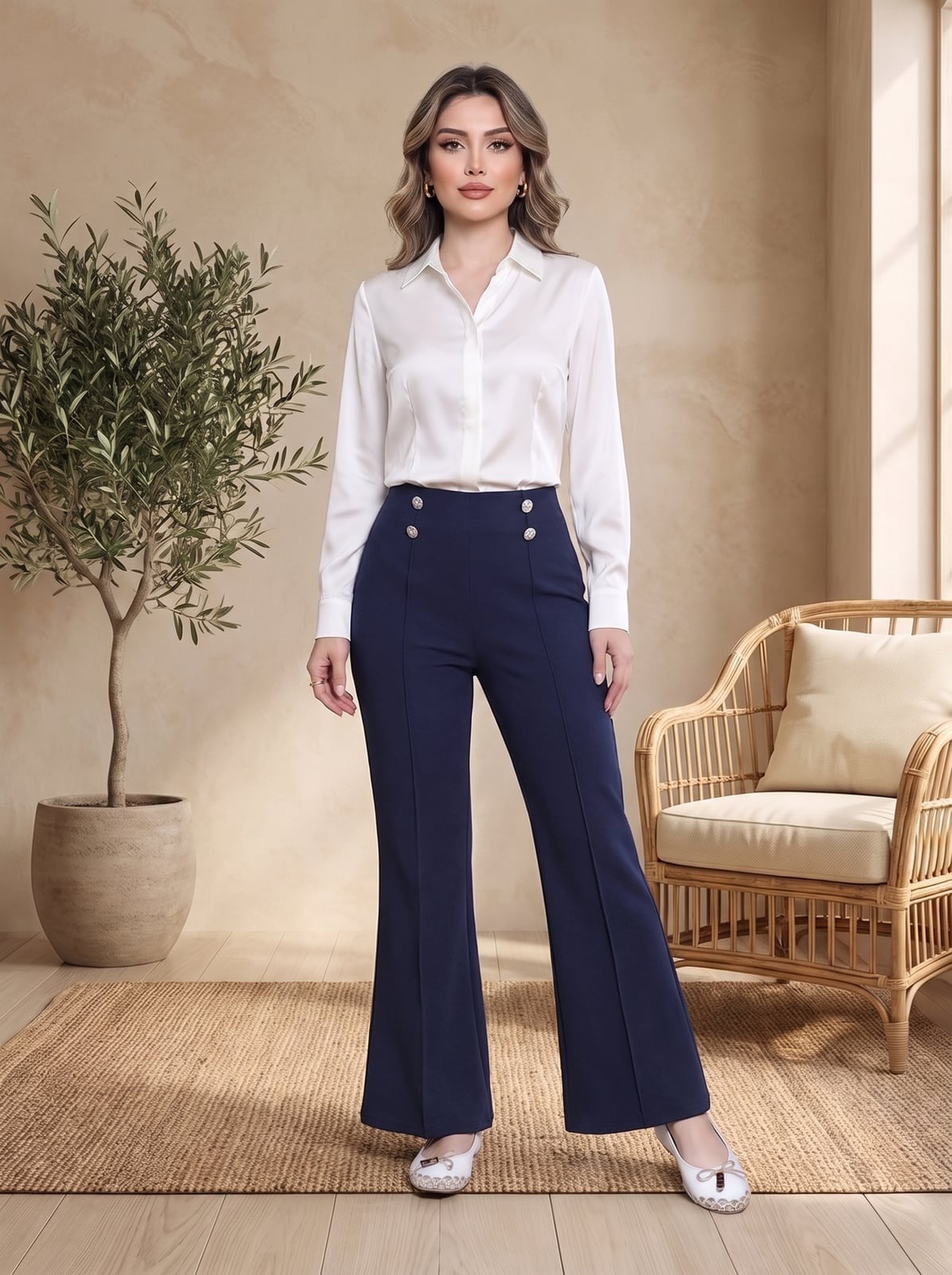 Navy High Waisted Trousers With Flared Leg And White, Close-Up Take — Classy Navy Pants Outfits