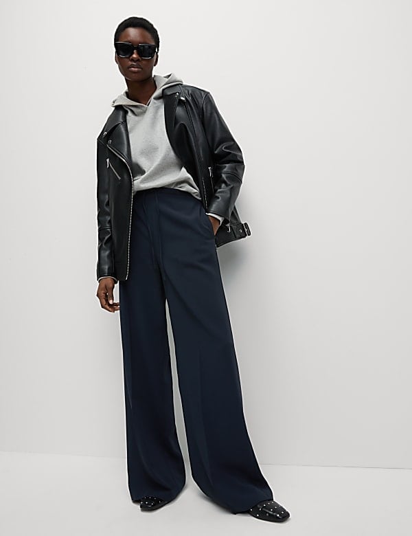 Navy Wide Leg Palazzo Trousers With Grey Hoodie And Leather Jacket — Classy Navy Pants Outfits
