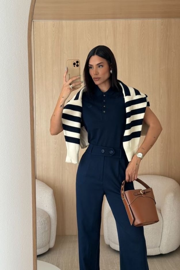 High Waisted Navy Trousers With Polo Shirt And Striped Sweater — Classy Navy Pants Outfits