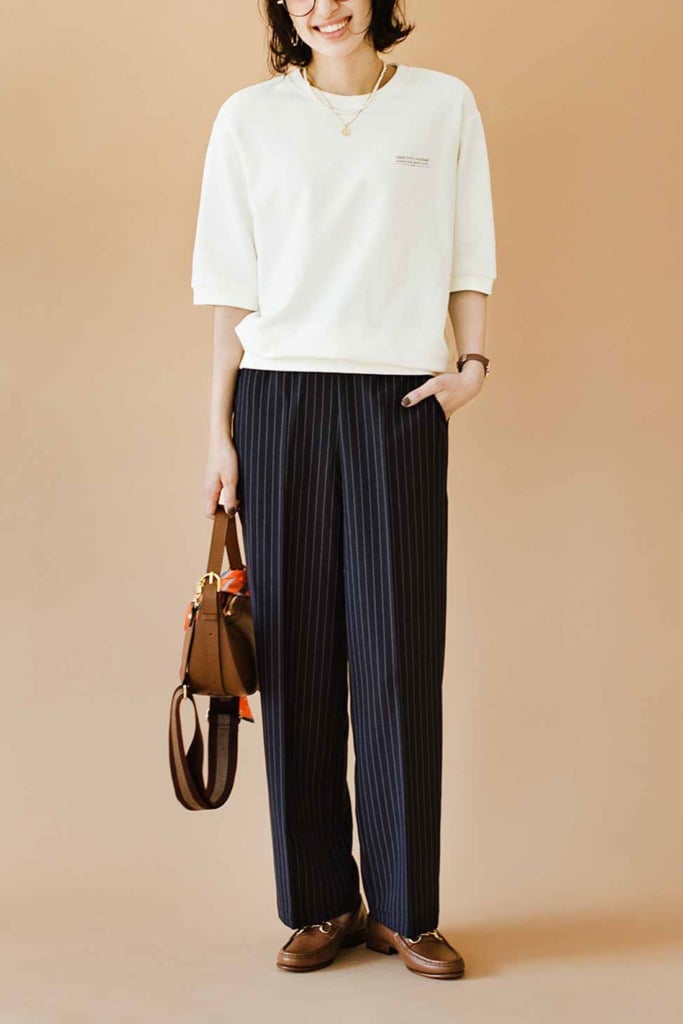 Navy Pinstripe Wide Leg Trousers With White T Shirt And Brown Loafers — Classy Navy Pants Outfits