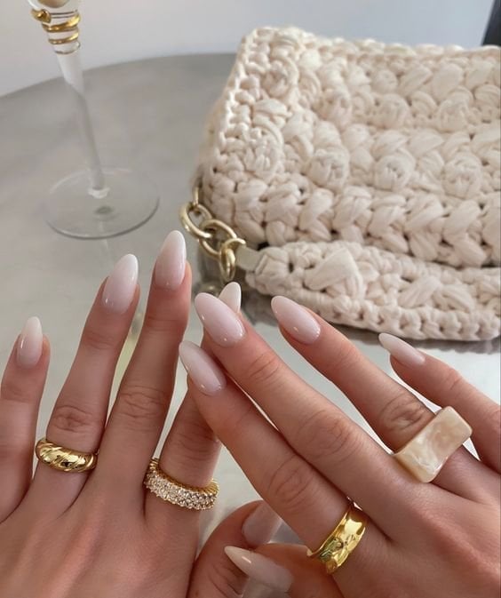 Medium Almond Glossy Sheer Milky White Nails, Giving A Soft — Classy Neutral Nails