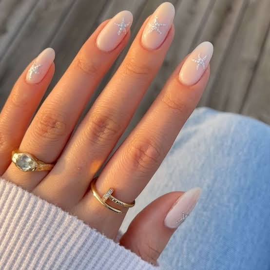 Medium Almond Sheer Nude with White Starburst Art — Classy Neutral Nails