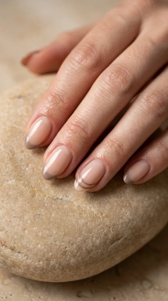 Medium Oval Sheer Nude Taupe French Tips Metallic Accents — Classy Neutral Nails