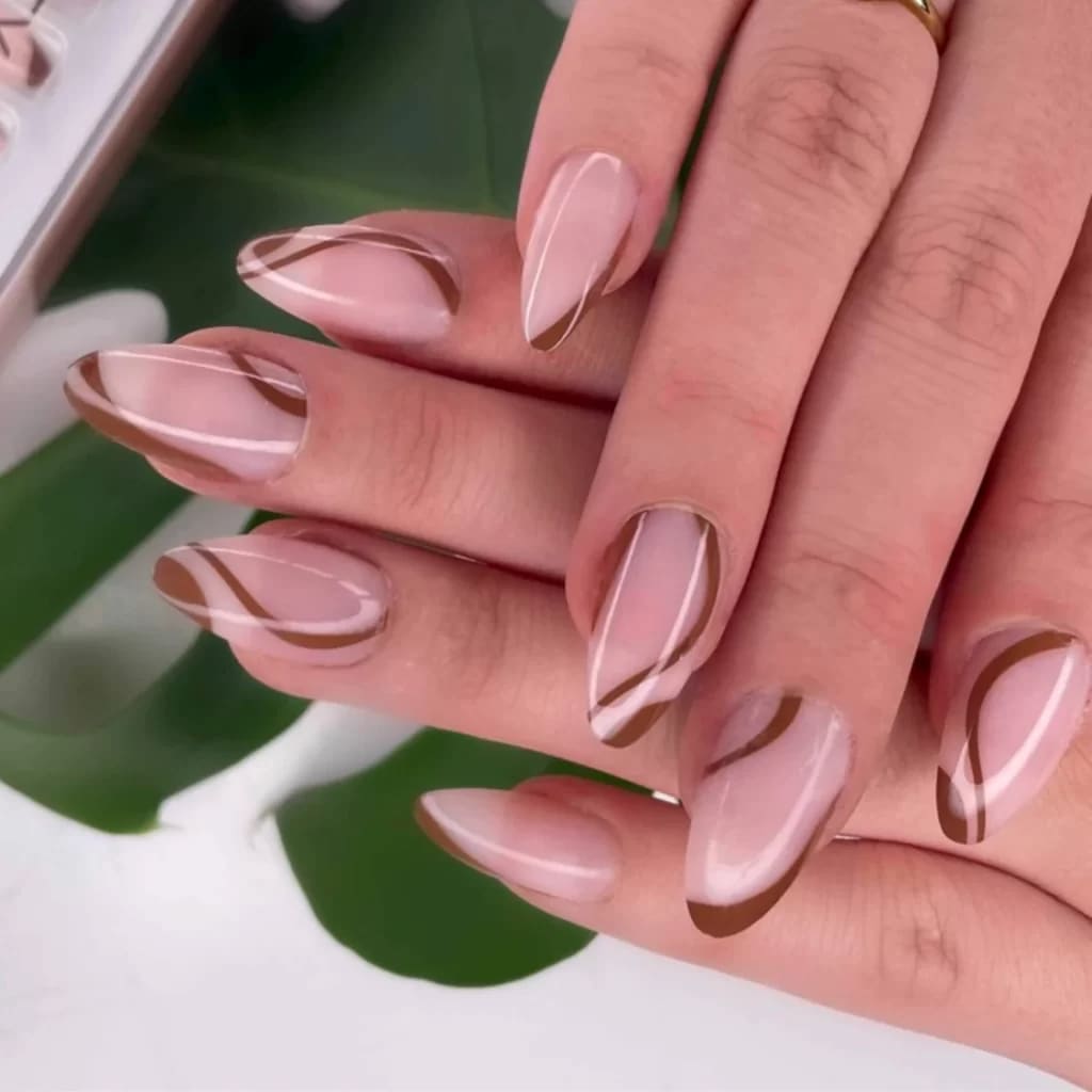 Medium Almond Sheer Pink Glossy Brown Abstract Lines — Classy Neutral Nails