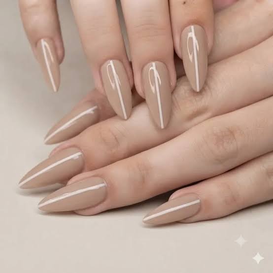 Medium Almond Nude Beige Glossy White Line Art — Classy Neutral Nails