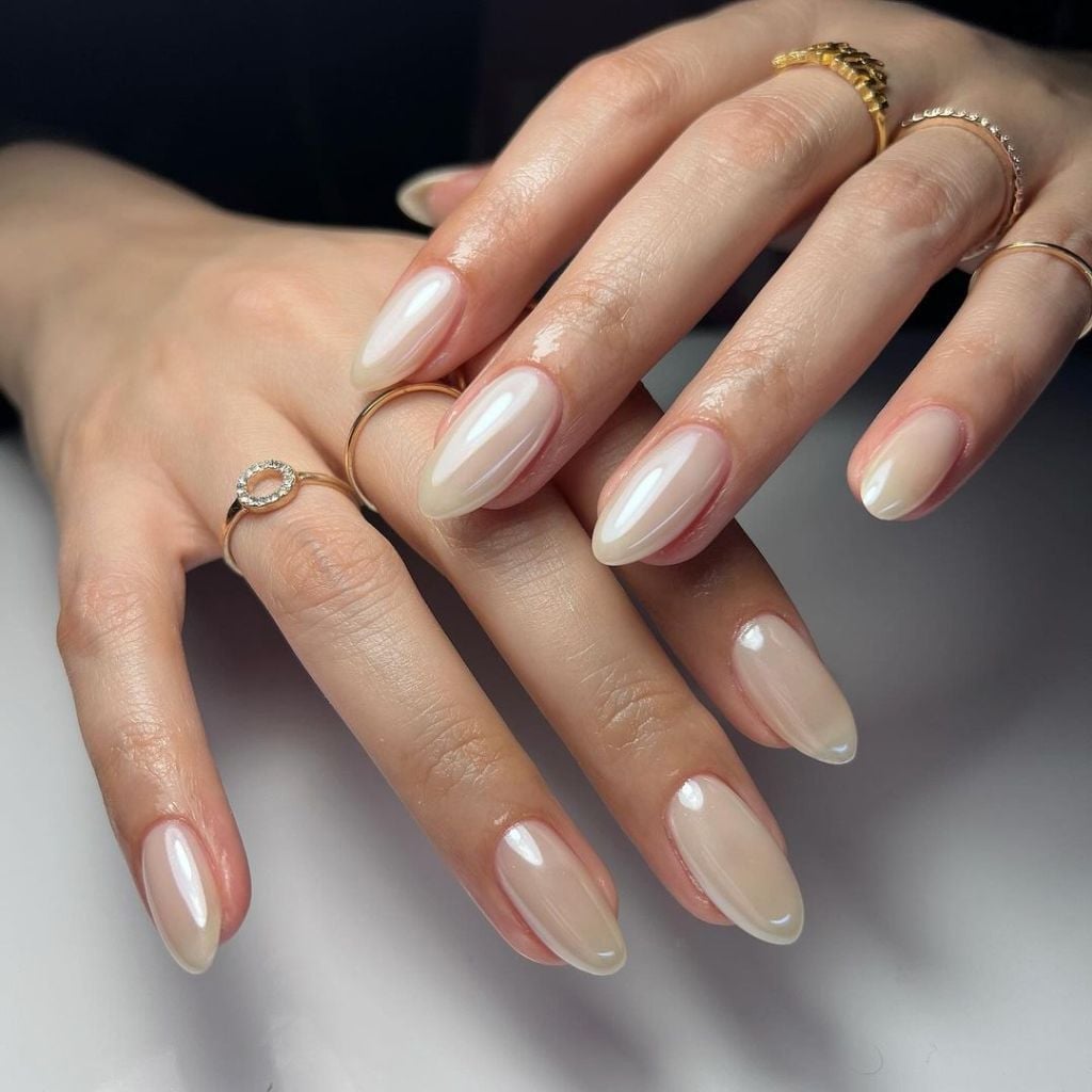 Medium Almond Sheer Pale Beige Nude Chrome — Classy Neutral Nails